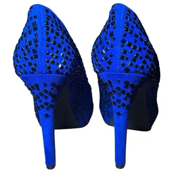 Gianni size 8  Bini Blue Peep-Toe platform stiletto black studded Heels - Picture 6 of 11